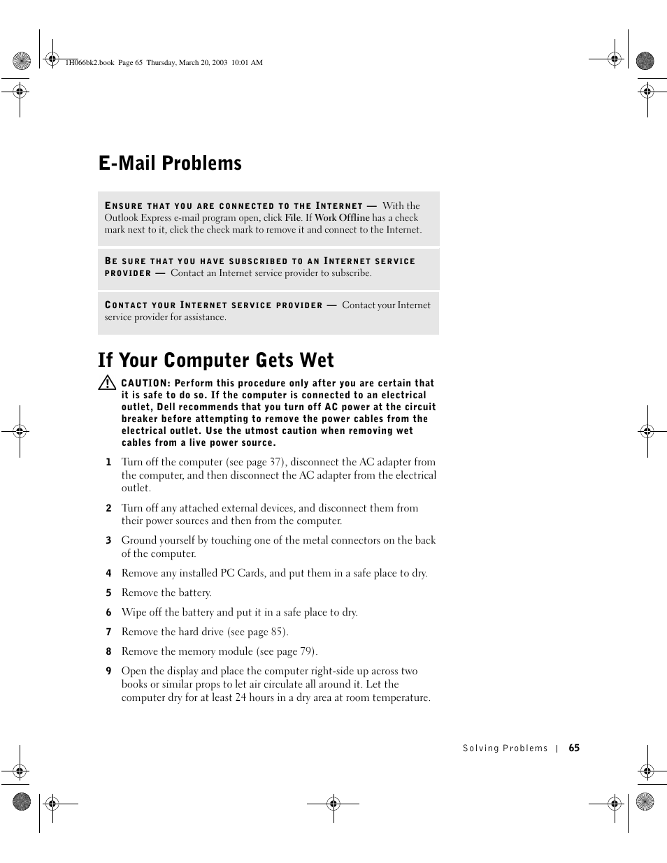 E-mail problems, If your computer gets wet, If your | E-mail problems if your computer gets wet | Dell Inspiron 2650 User Manual | Page 65 / 134