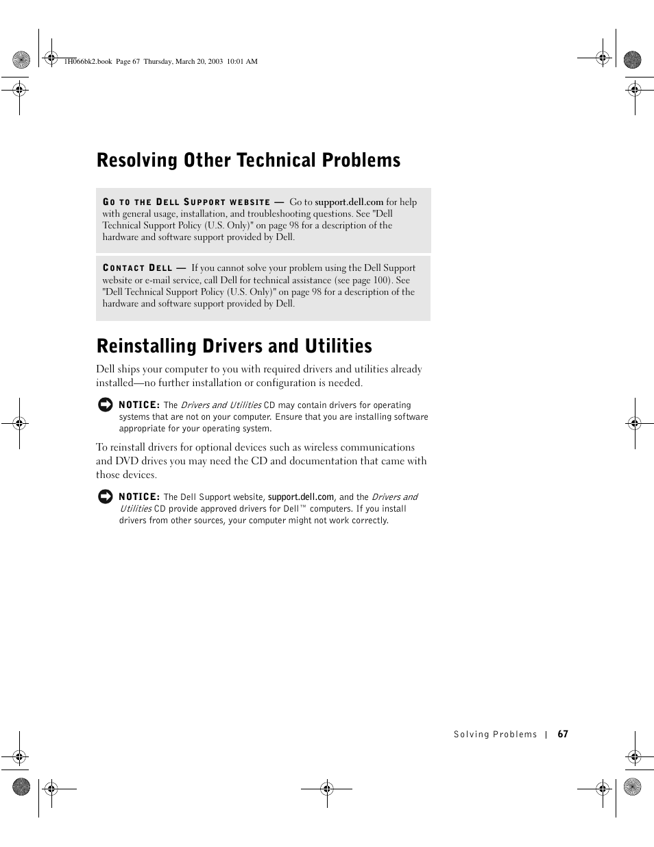 Resolving other technical problems, Reinstalling drivers and utilities | Dell Inspiron 2650 User Manual | Page 67 / 134