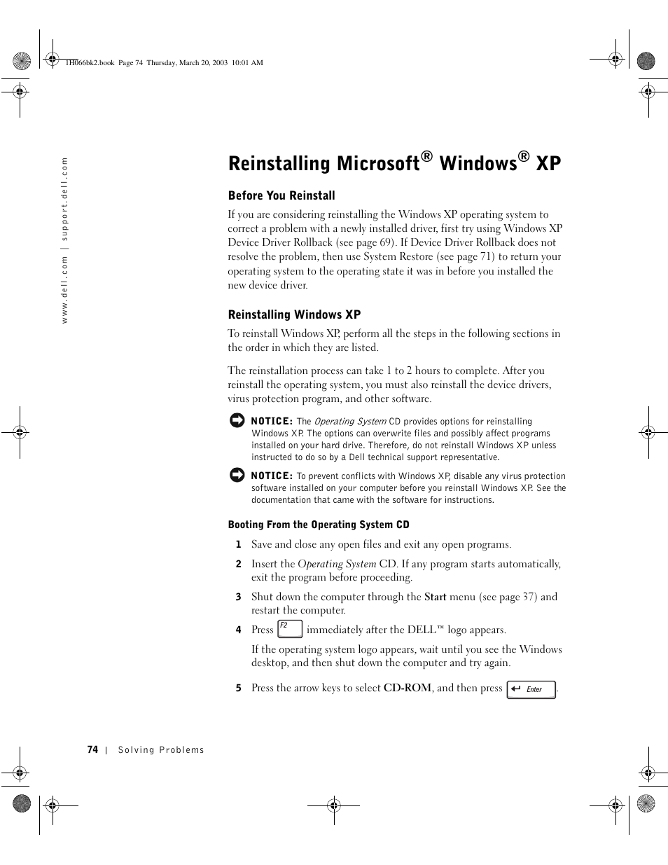 Reinstalling microsoft, Before you reinstall, Reinstalling windows xp | Windows | Dell Inspiron 2650 User Manual | Page 74 / 134