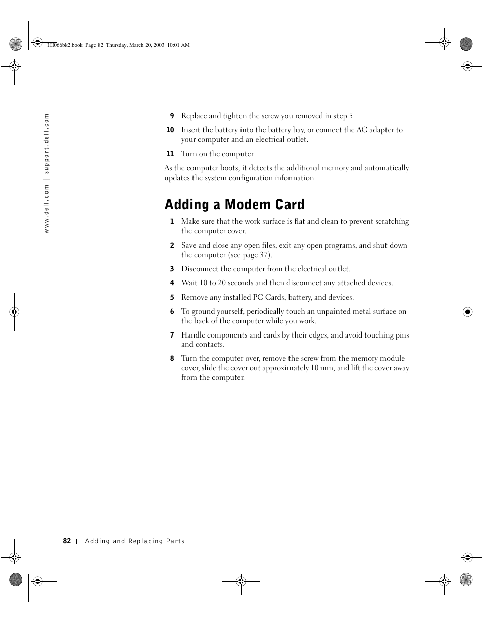 Adding a modem card | Dell Inspiron 2650 User Manual | Page 82 / 134