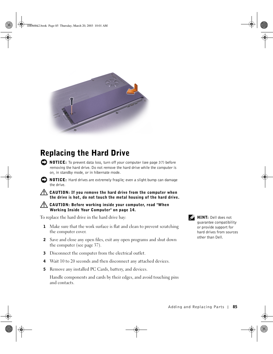 Replacing the hard drive | Dell Inspiron 2650 User Manual | Page 85 / 134