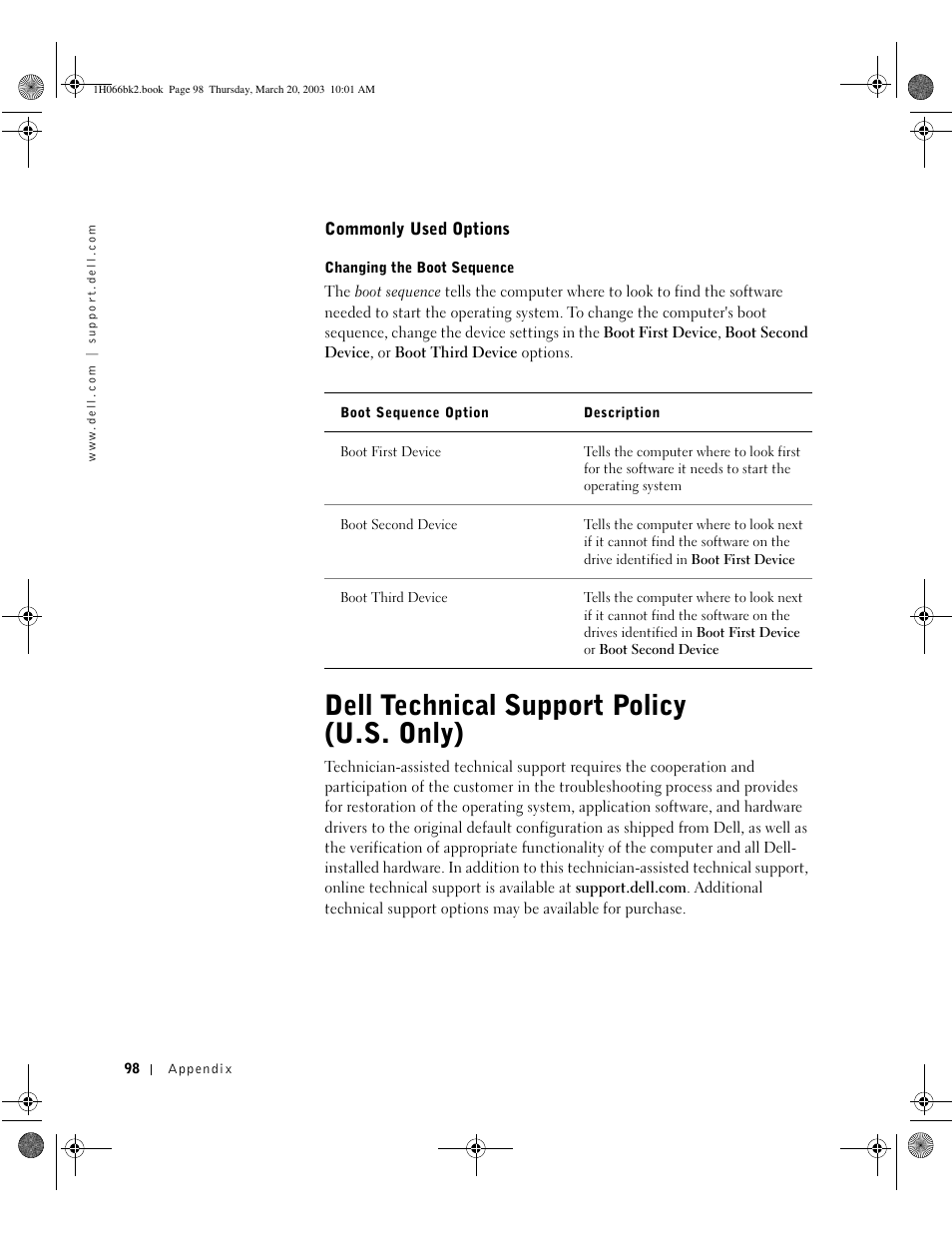 Commonly used options, Dell technical support policy (u.s. only) | Dell Inspiron 2650 User Manual | Page 98 / 134