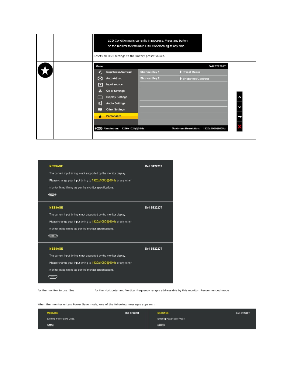 Osd warning messages | Dell ST2220T Monitor User Manual | Page 22 / 33