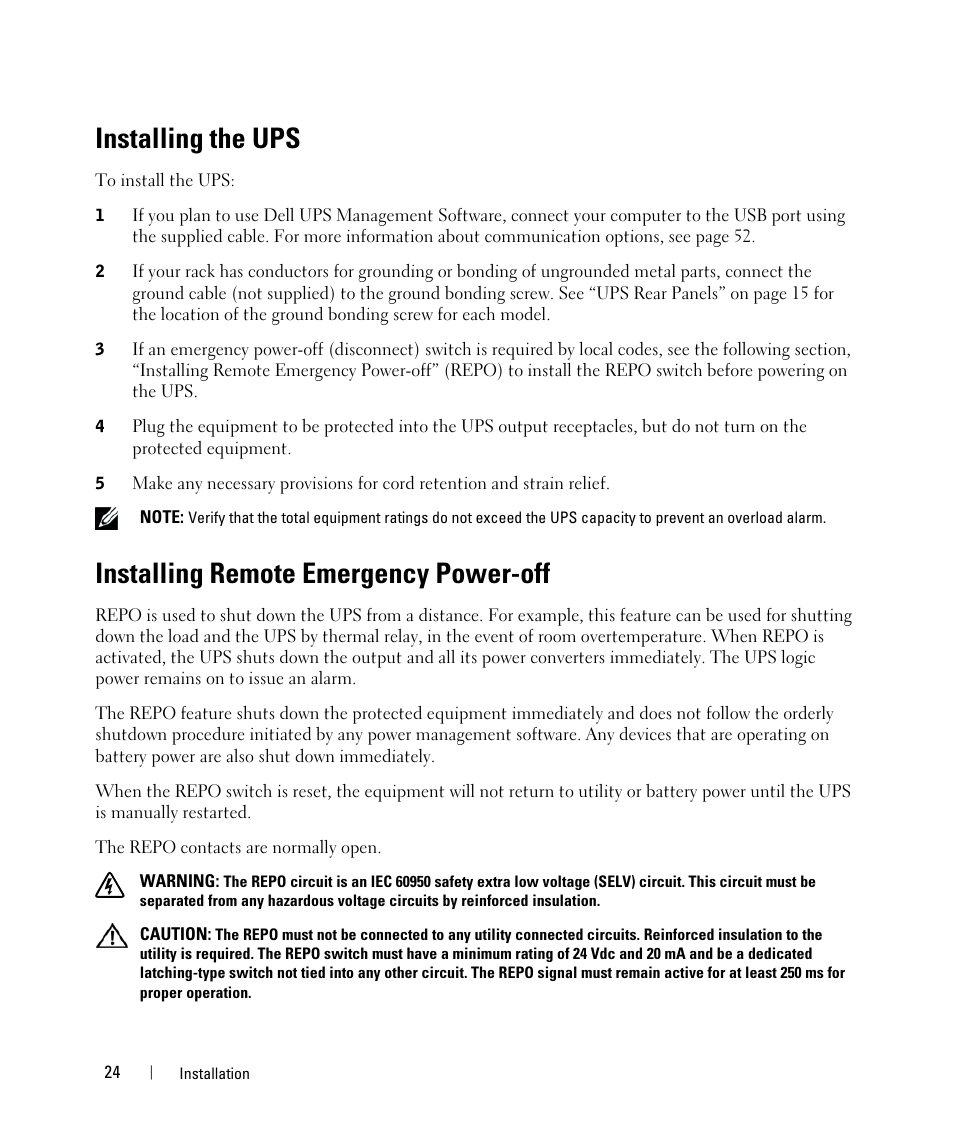 Installing the ups, Installing remote emergency power-off | Dell UPS 5600R User Manual | Page 24 / 69