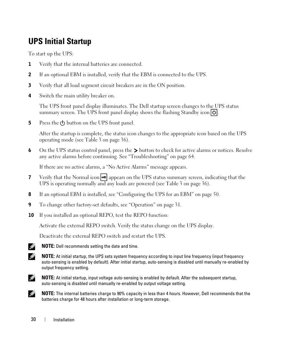 Ups initial startup | Dell UPS 5600R User Manual | Page 30 / 69