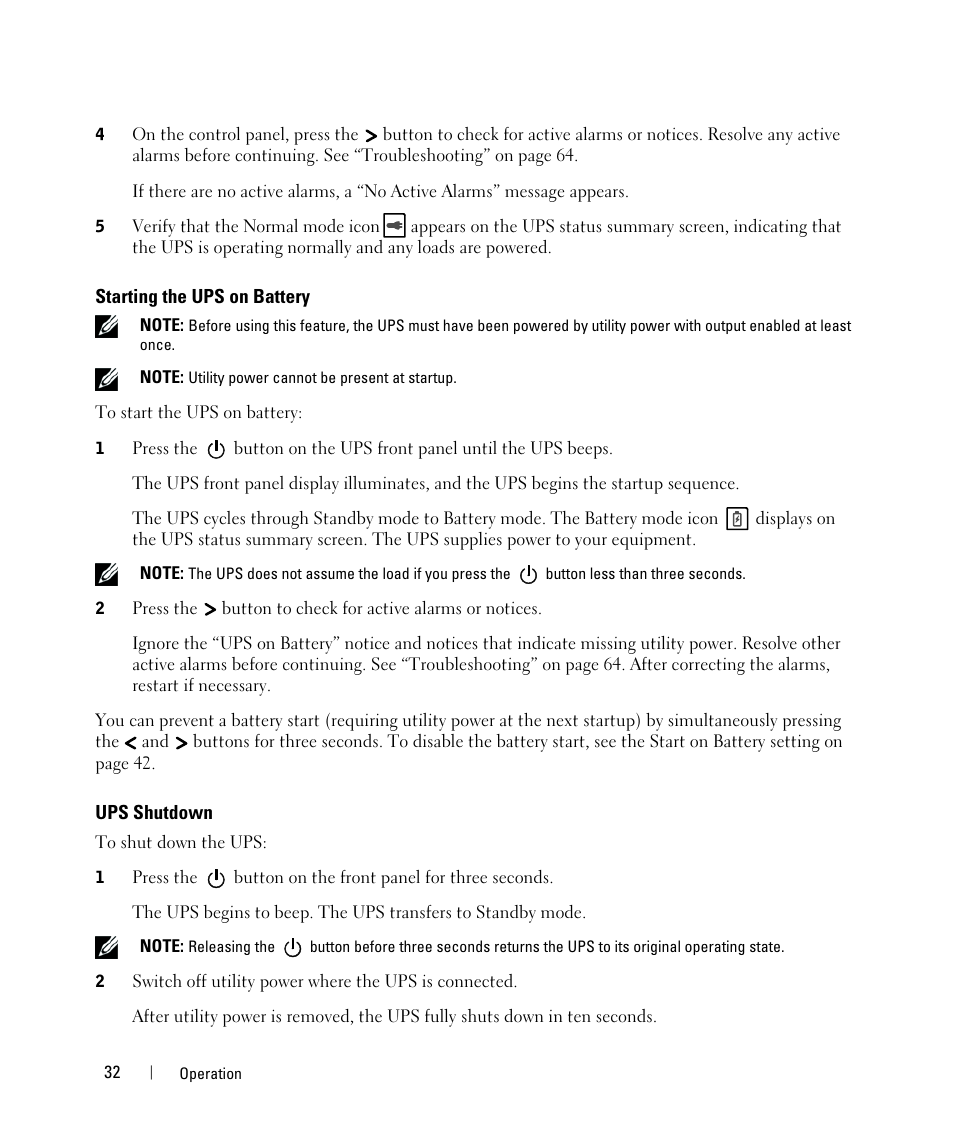 Starting the ups on battery, Ups shutdown | Dell UPS 5600R User Manual | Page 32 / 69