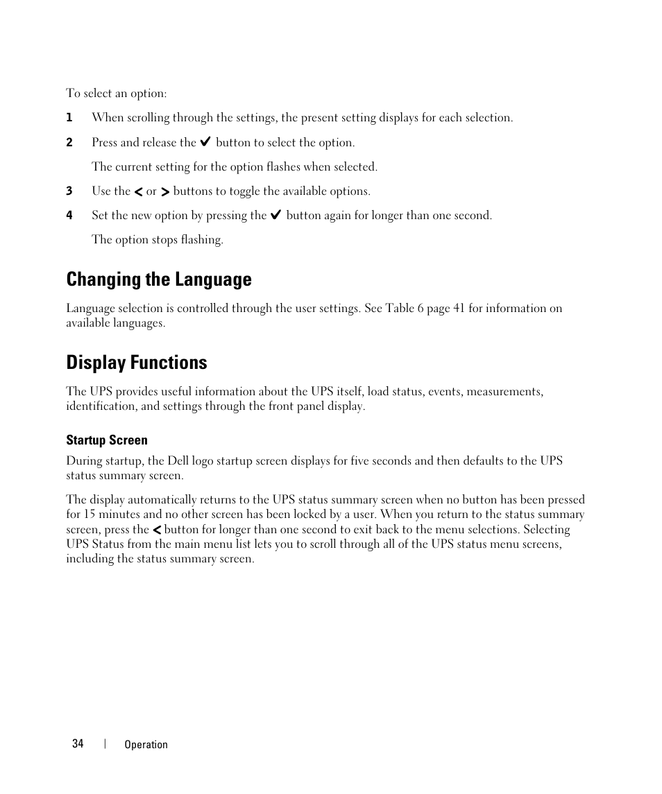 Changing the language, Display functions, Startup screen | Dell UPS 5600R User Manual | Page 34 / 69