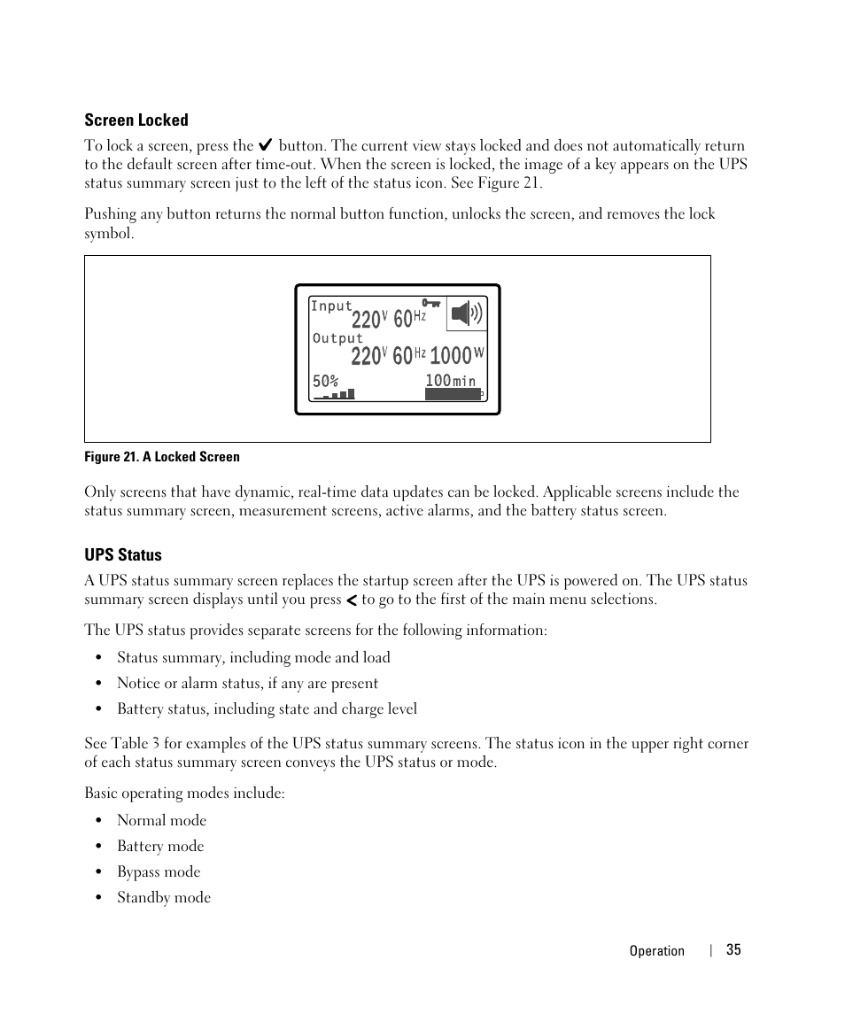 Screen locked, Ups status | Dell UPS 5600R User Manual | Page 35 / 69