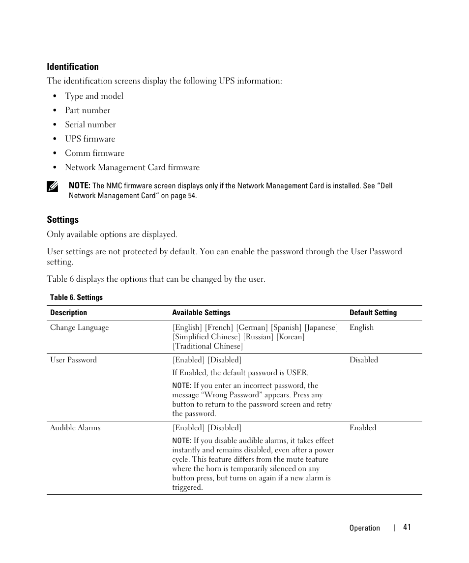 Identification, Settings | Dell UPS 5600R User Manual | Page 41 / 69