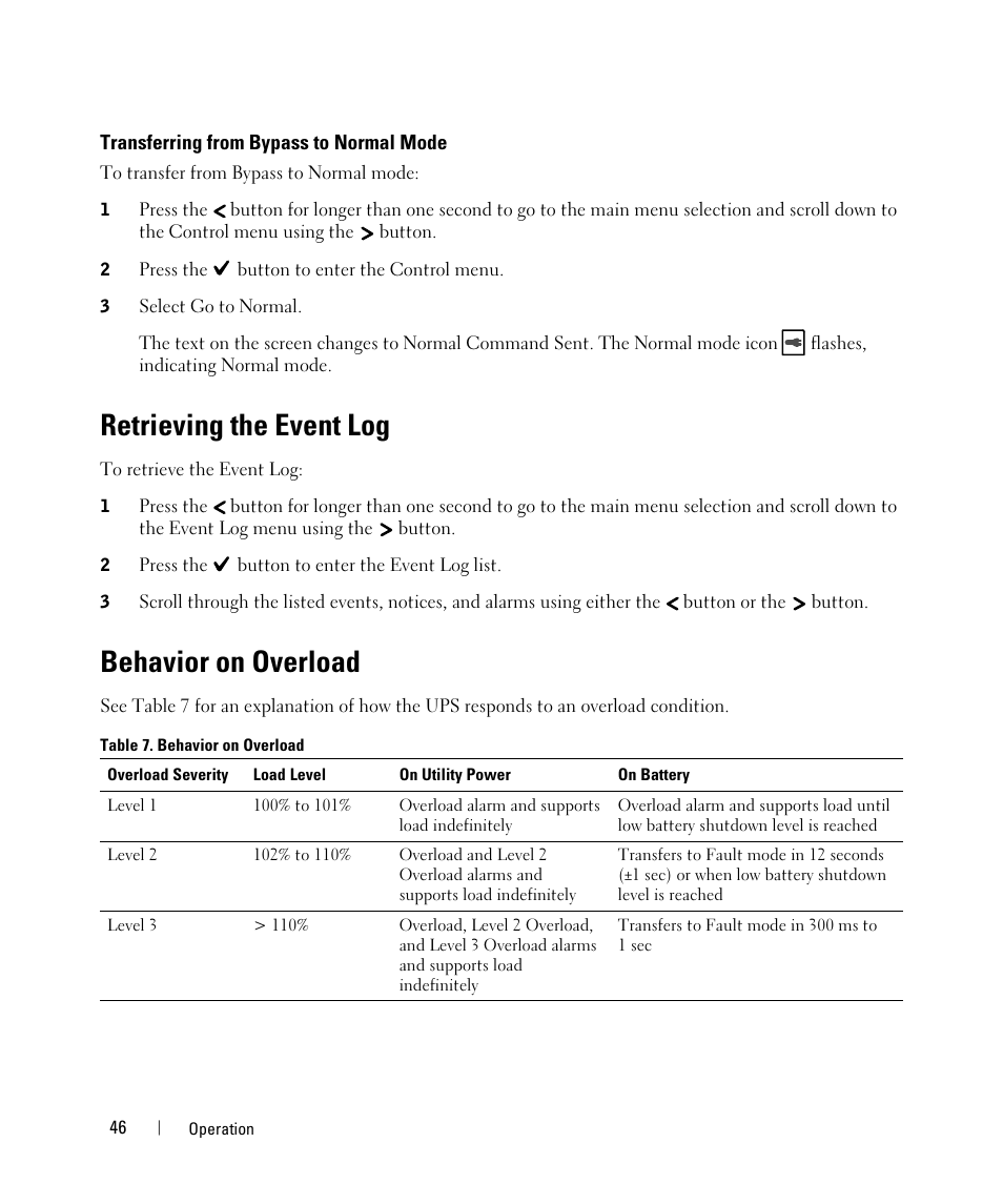 Transferring from bypass to normal mode, Retrieving the event log, Behavior on overload | Dell UPS 5600R User Manual | Page 46 / 69