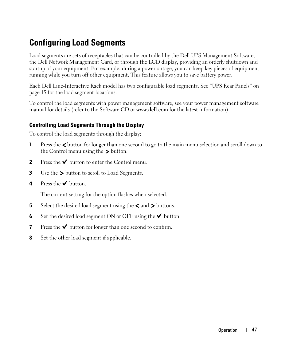 Configuring load segments, Controlling load segments through the display | Dell UPS 5600R User Manual | Page 47 / 69