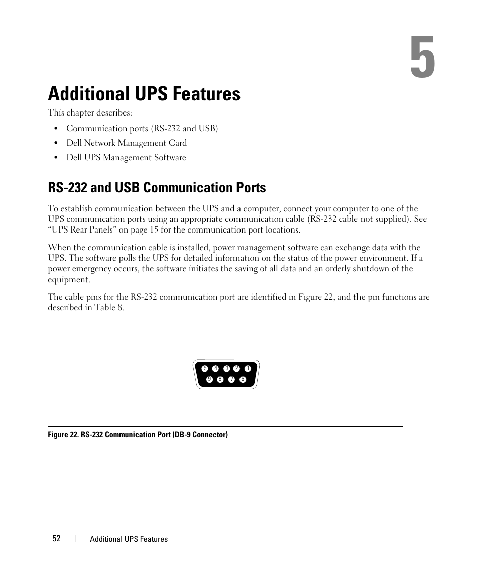 Additional ups features, Rs-232 and usb communication ports | Dell UPS 5600R User Manual | Page 52 / 69