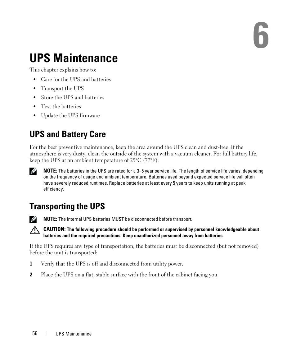 Ups maintenance, Ups and battery care, Transporting the ups | Dell UPS 5600R User Manual | Page 56 / 69