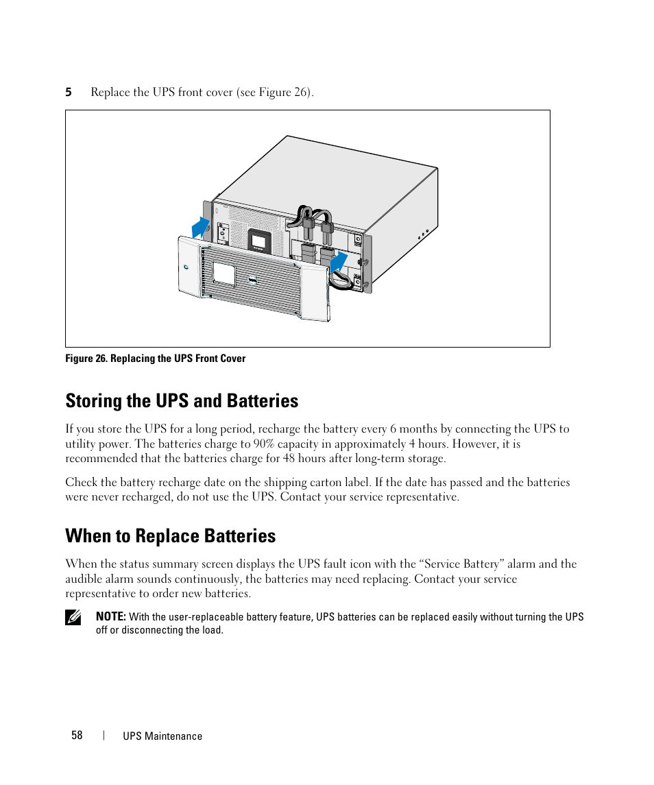 Storing the ups and batteries, When to replace batteries | Dell UPS 5600R User Manual | Page 58 / 69