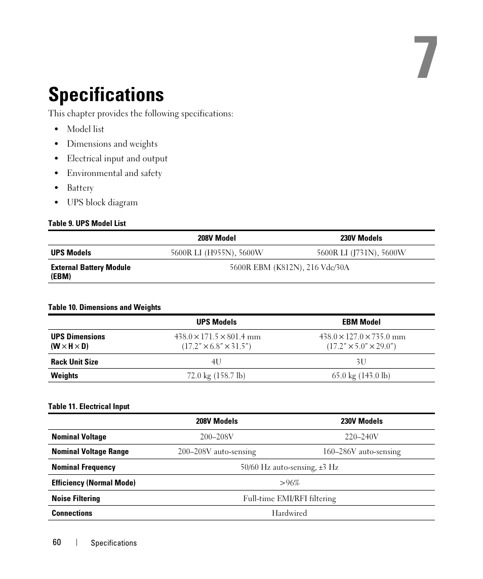 Specifications | Dell UPS 5600R User Manual | Page 60 / 69