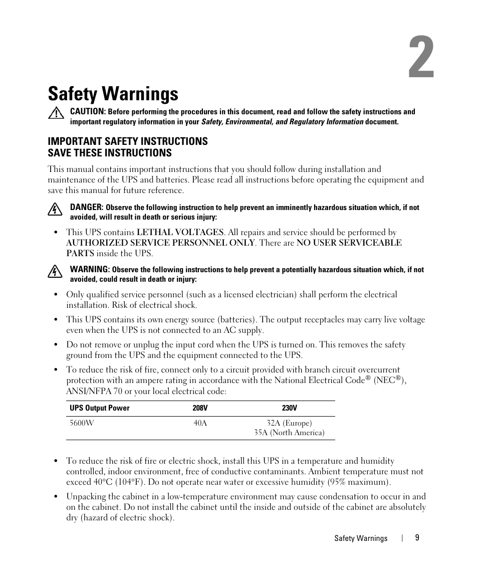Safety warnings | Dell UPS 5600R User Manual | Page 9 / 69