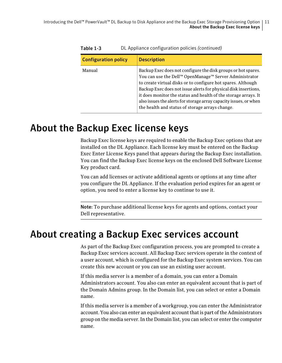 About the backup exec license keys, About creating a backup exec services account, 11 about creating a backup exec services account | Dell PowerVault DL2000 User Manual | Page 11 / 59
