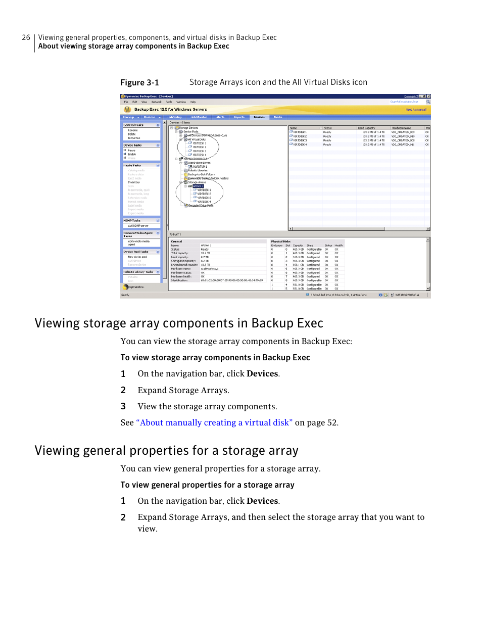 Viewing storage array components in backup exec, Viewing general properties for a storage array, 26 viewing general properties for a storage array | Dell PowerVault DL2000 User Manual | Page 26 / 59