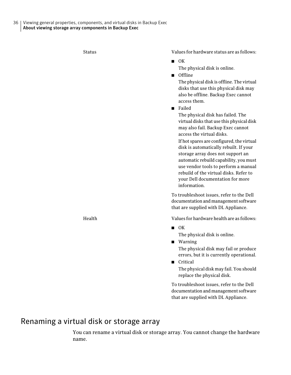 Renaming a virtual disk or storage array | Dell PowerVault DL2000 User Manual | Page 36 / 59
