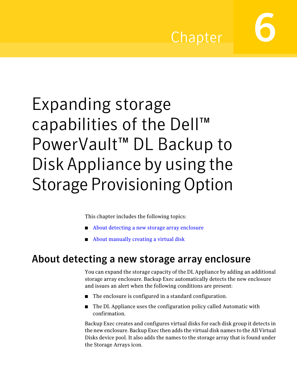 About detecting a new storage array enclosure, Chapter 6, Expanding storage capabilities of the dell | Chapter | Dell PowerVault DL2000 User Manual | Page 51 / 59