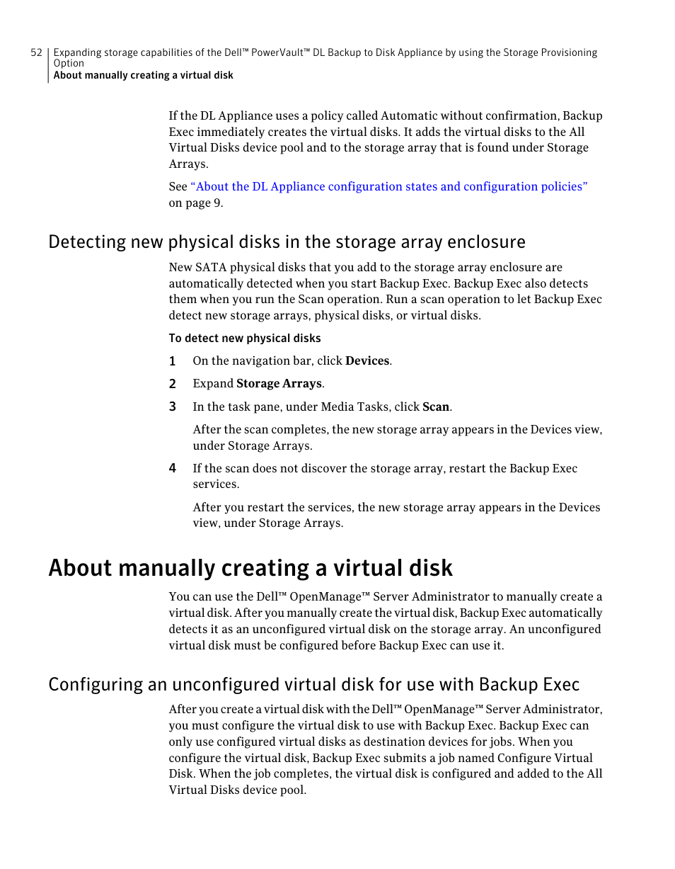About manually creating a virtual disk, Exec | Dell PowerVault DL2000 User Manual | Page 52 / 59