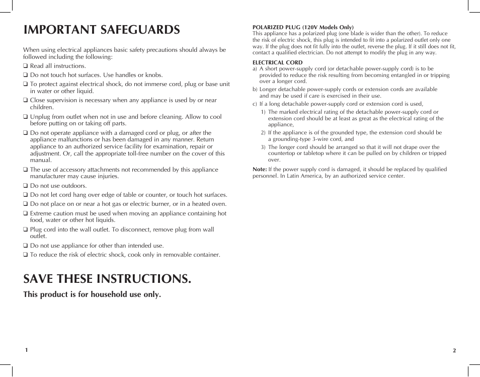 Important safeguards save these instructions, This product is for household use only | Black & Decker RC446 User Manual | Page 2 / 25