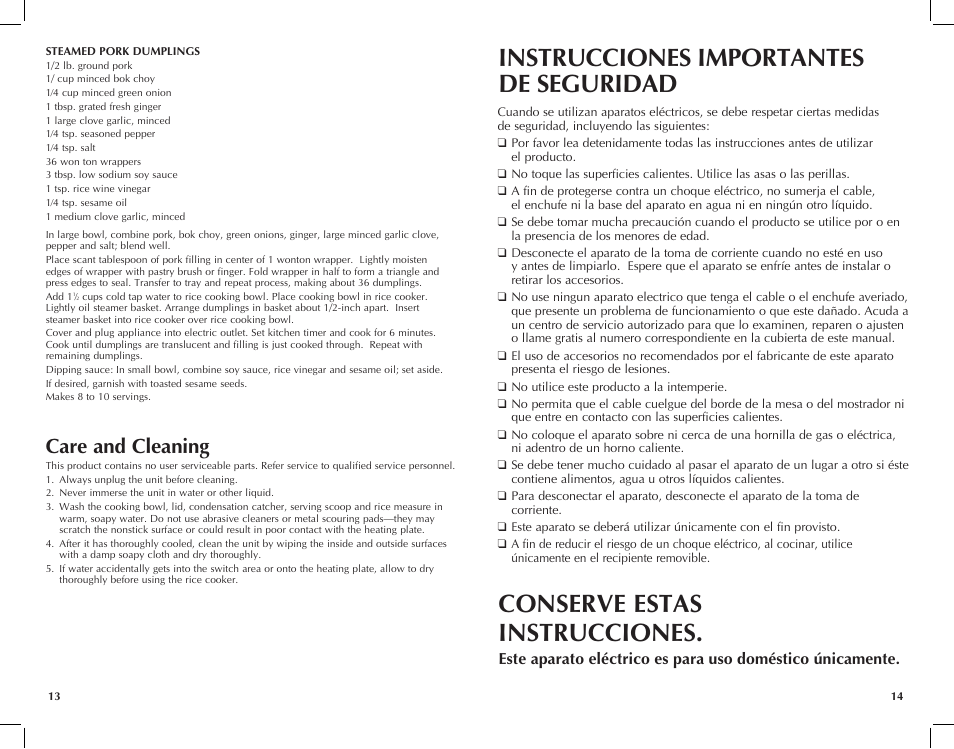 Instrucciones importantes de seguridad, Conserve estas instrucciones, Care and cleaning | Black & Decker RC446 User Manual | Page 8 / 25