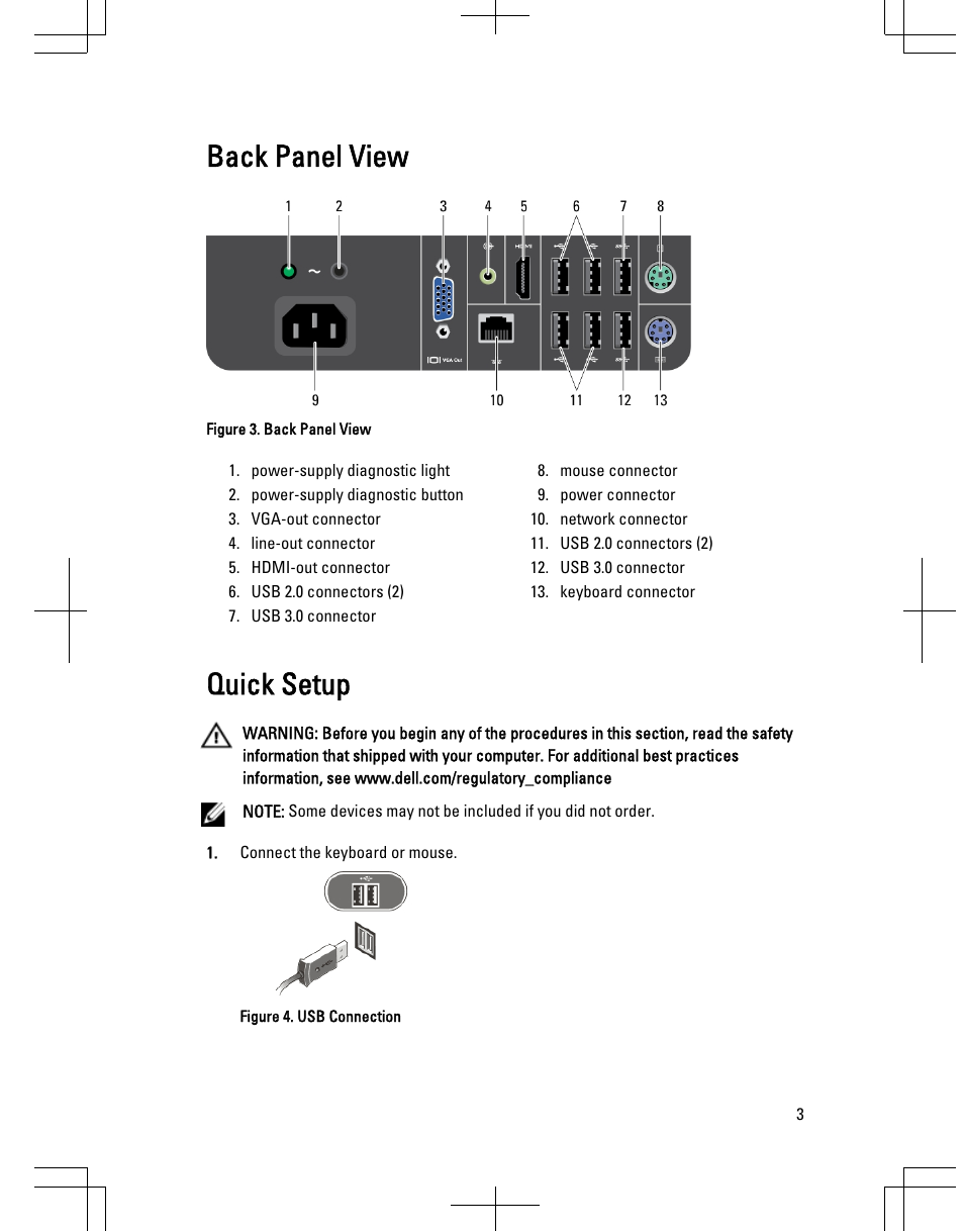 Back panel view, Quick setup | Dell OptiPlex 9020 All In One (Mid 2013) User Manual | Page 3 / 6