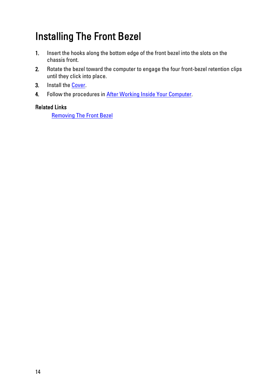 Installing the front bezel | Dell Precision T1600 (Early 2011) User Manual | Page 14 / 89