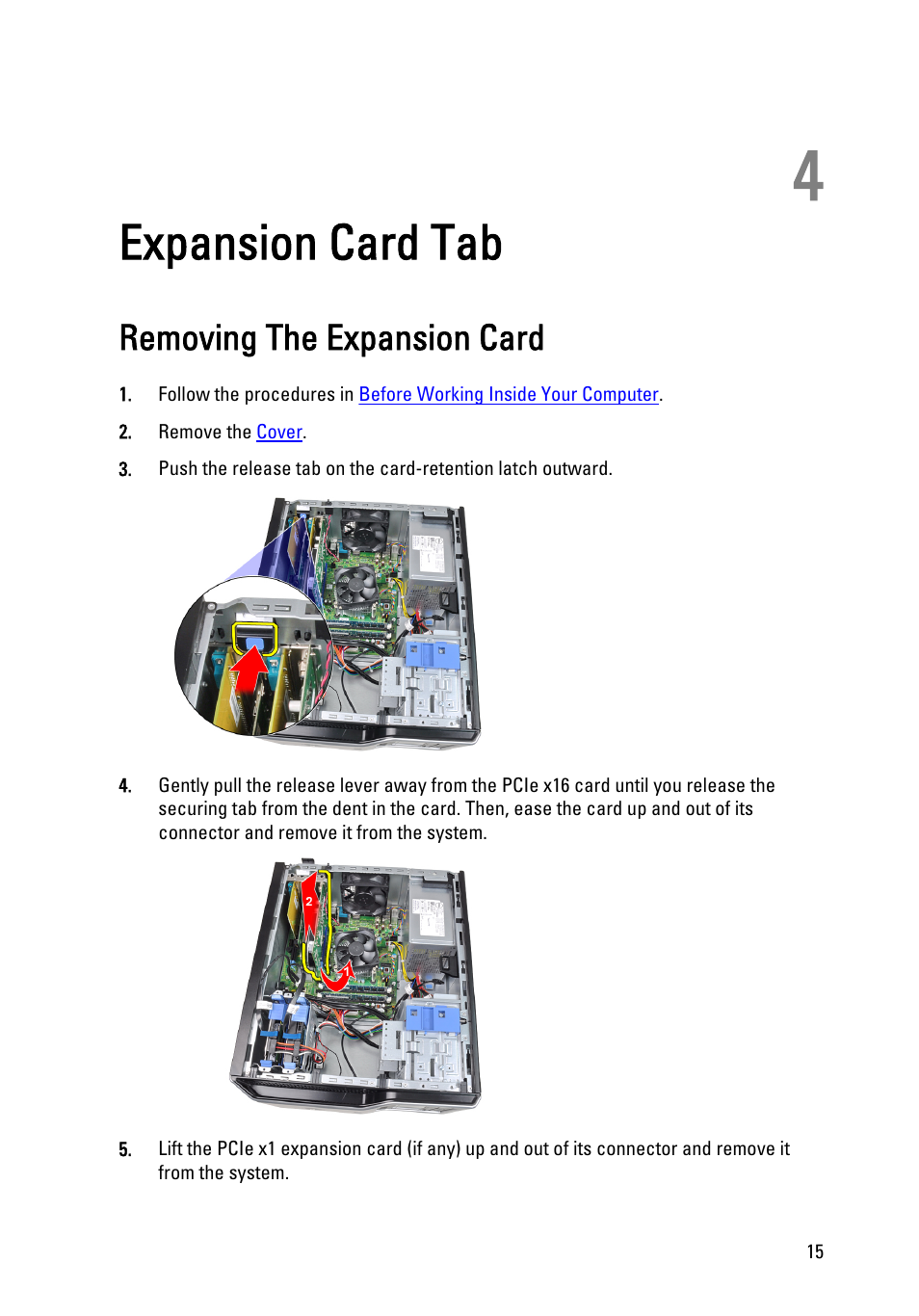 Expansion card tab, Removing the expansion card, 4 expansion card tab | Dell Precision T1600 (Early 2011) User Manual | Page 15 / 89