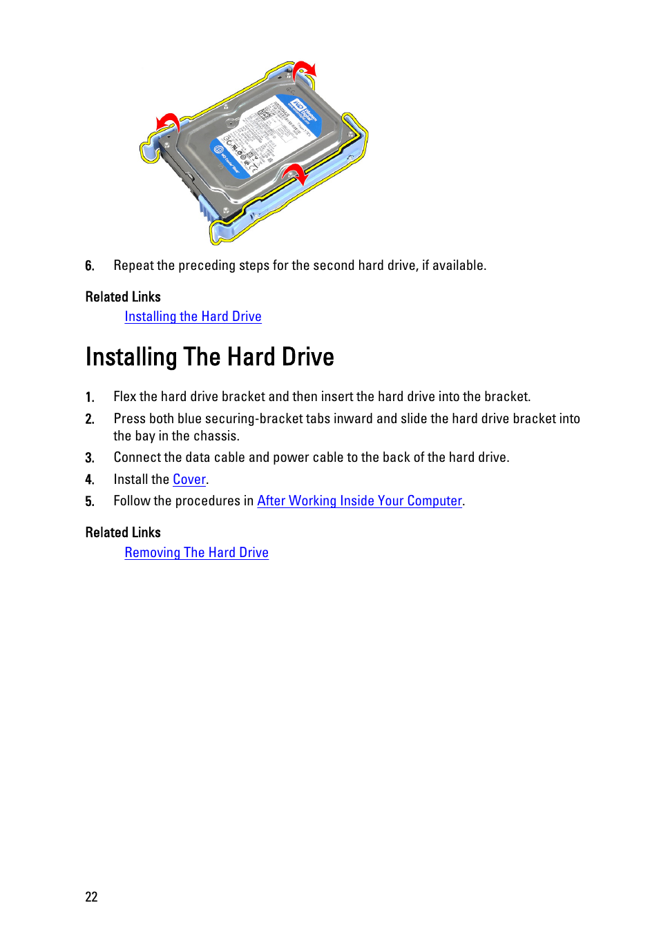 Installing the hard drive | Dell Precision T1600 (Early 2011) User Manual | Page 22 / 89