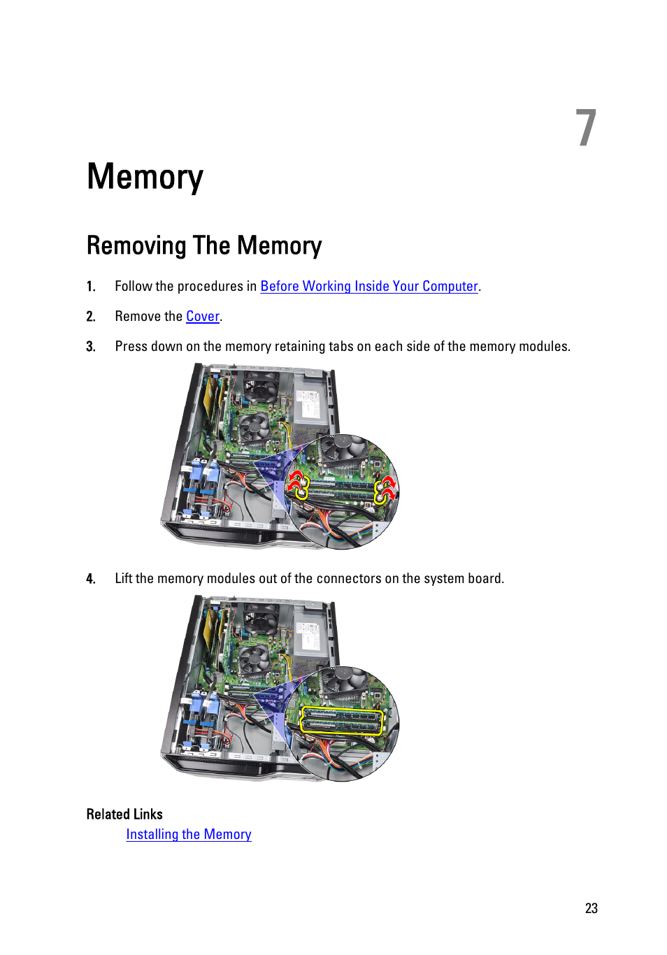 Memory, Removing the memory, 7 memory | Dell Precision T1600 (Early 2011) User Manual | Page 23 / 89