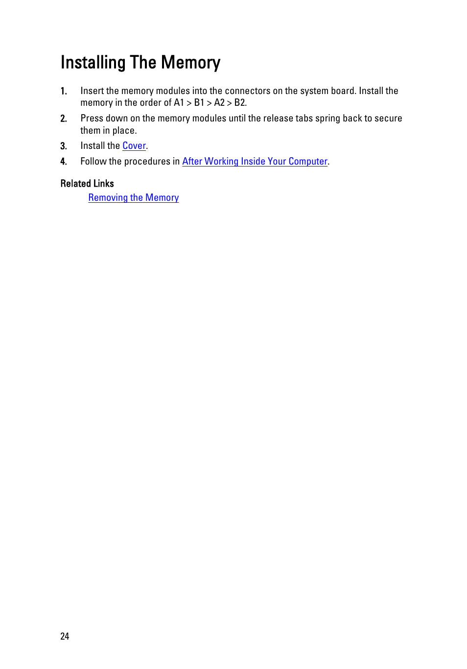 Installing the memory | Dell Precision T1600 (Early 2011) User Manual | Page 24 / 89