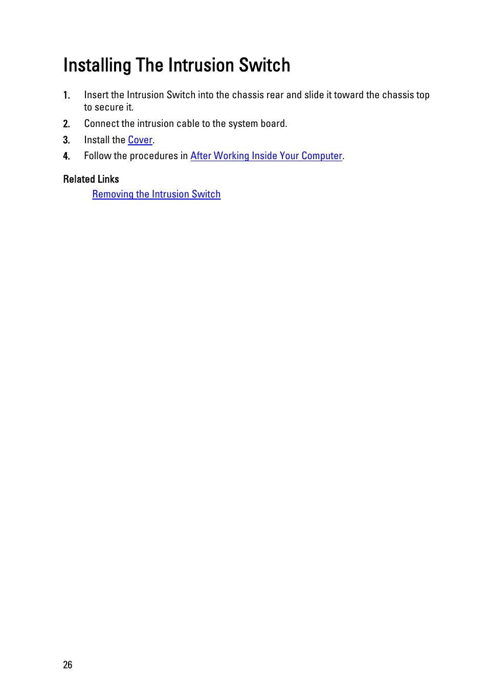 Installing the intrusion switch | Dell Precision T1600 (Early 2011) User Manual | Page 26 / 89
