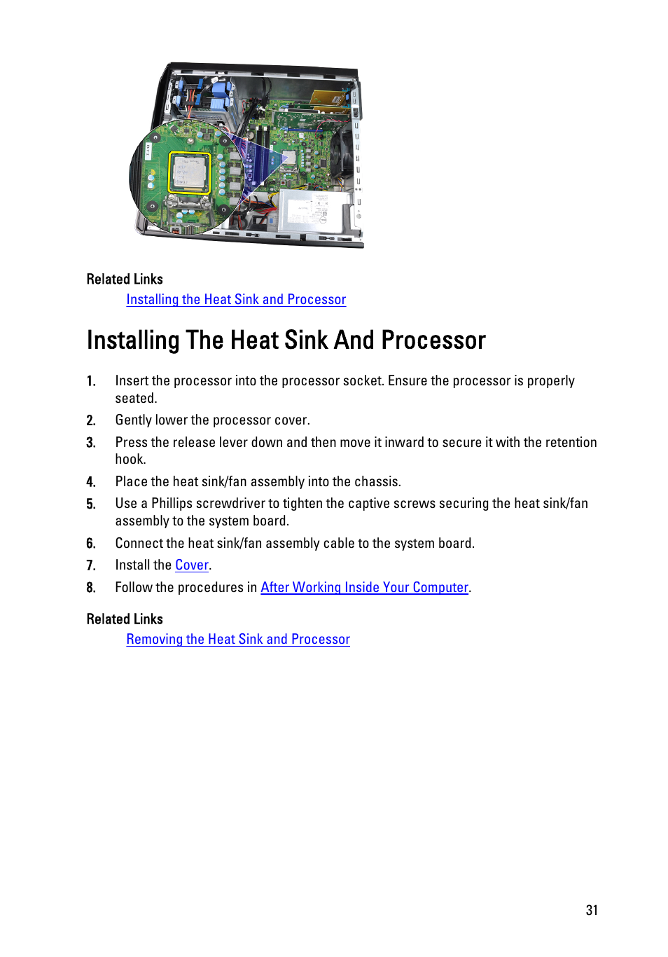 Installing the heat sink and processor | Dell Precision T1600 (Early 2011) User Manual | Page 31 / 89