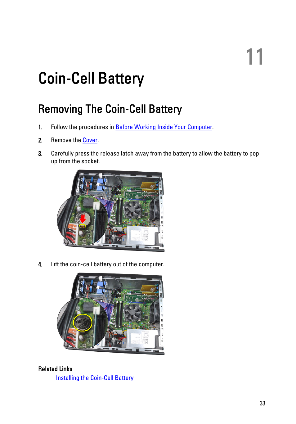 Coin-cell battery, Removing the coin-cell battery, 11 coin-cell battery | Dell Precision T1600 (Early 2011) User Manual | Page 33 / 89