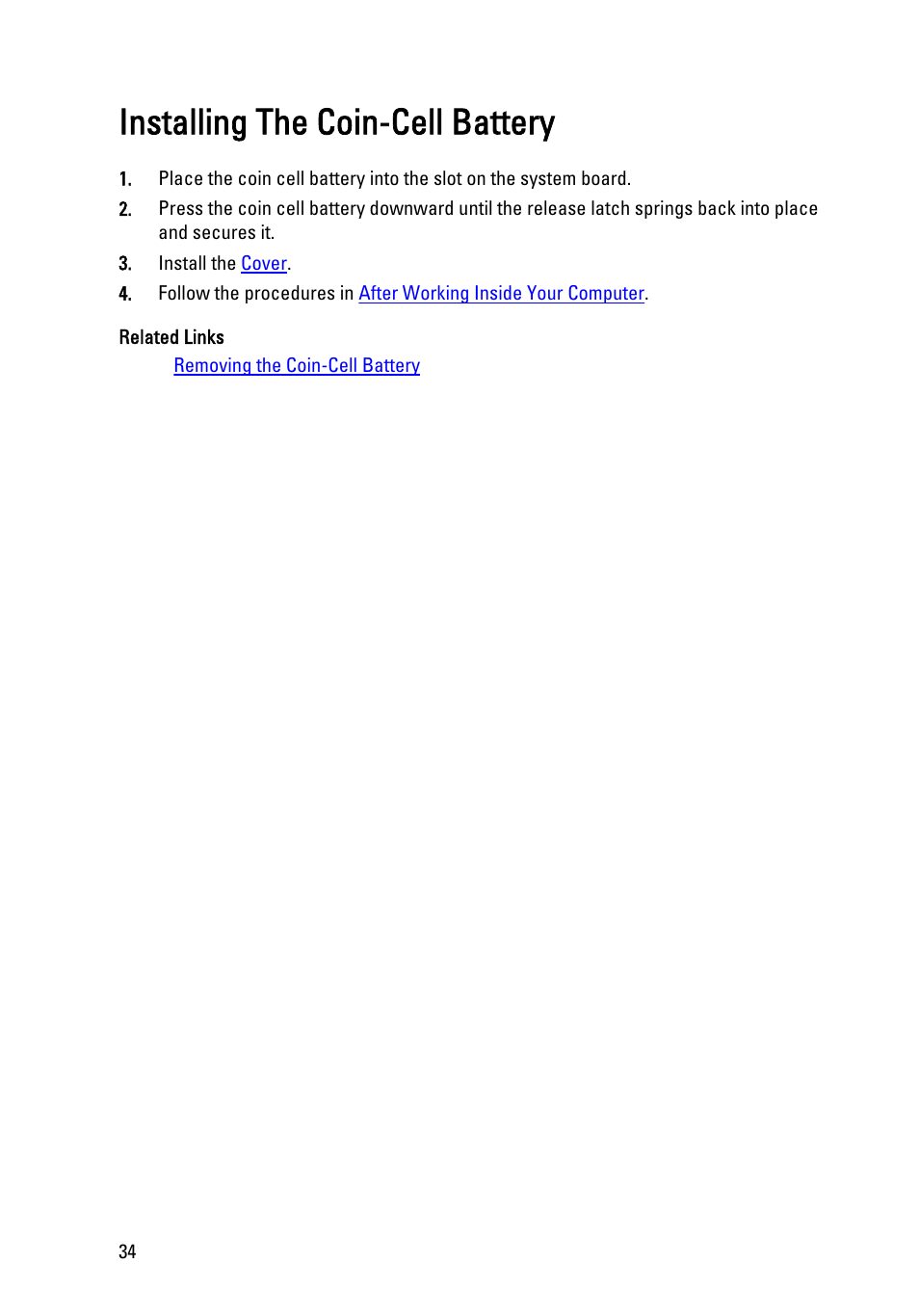 Installing the coin-cell battery | Dell Precision T1600 (Early 2011) User Manual | Page 34 / 89