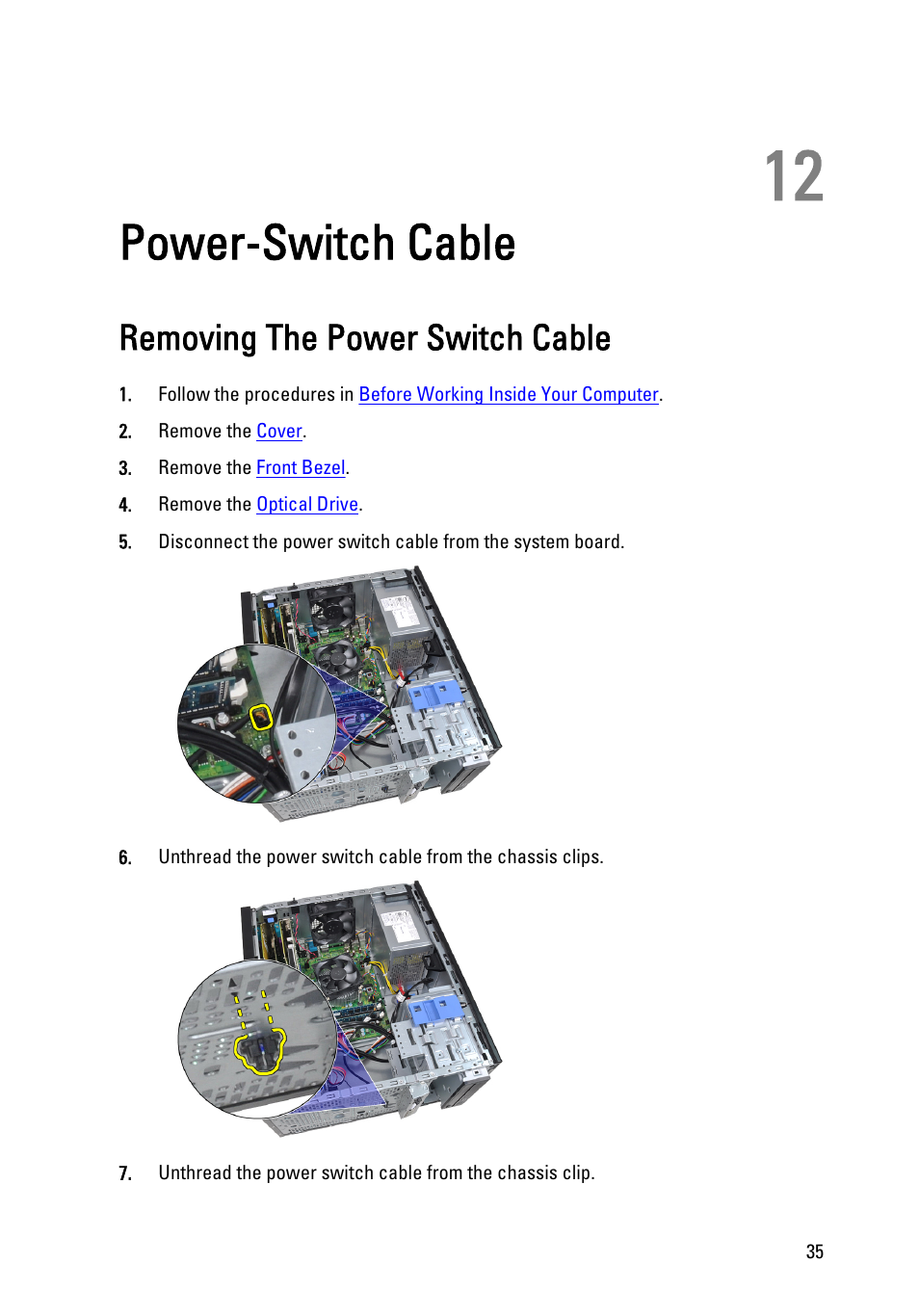 Power-switch cable, Removing the power switch cable, 12 power-switch cable | Dell Precision T1600 (Early 2011) User Manual | Page 35 / 89