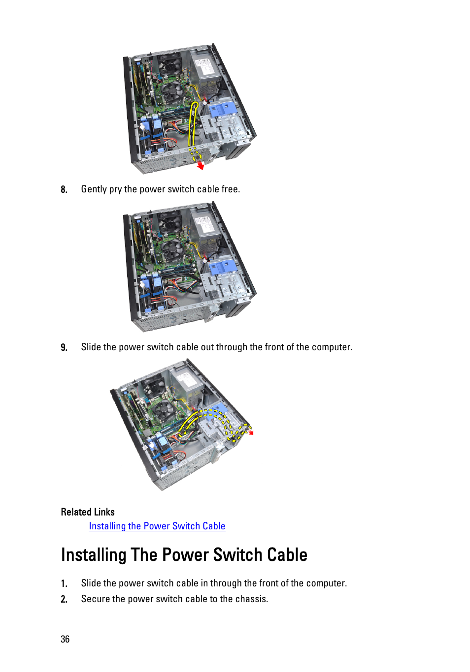 Installing the power switch cable | Dell Precision T1600 (Early 2011) User Manual | Page 36 / 89