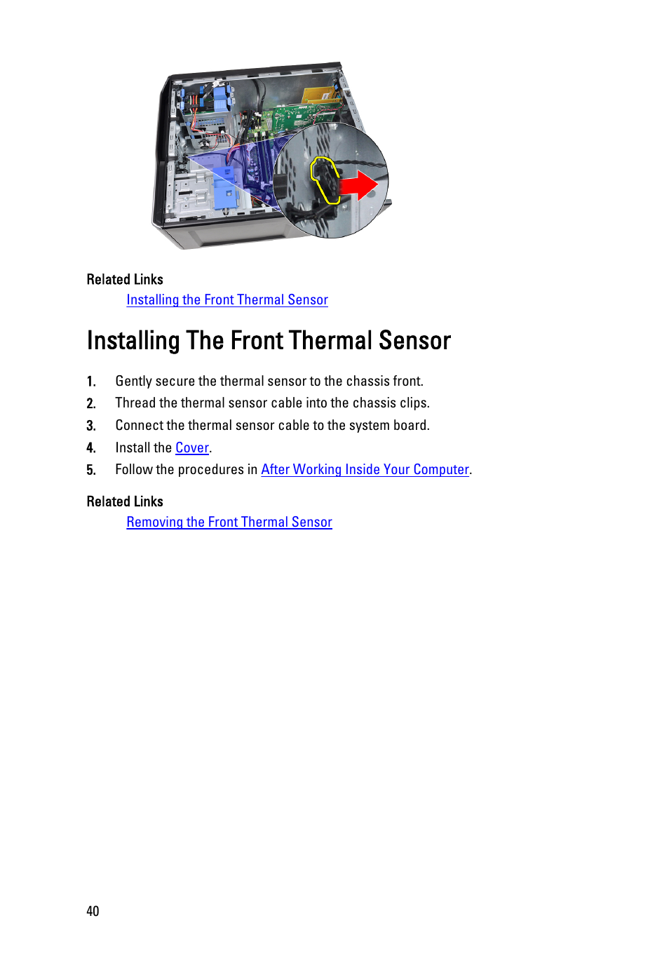 Installing the front thermal sensor | Dell Precision T1600 (Early 2011) User Manual | Page 40 / 89