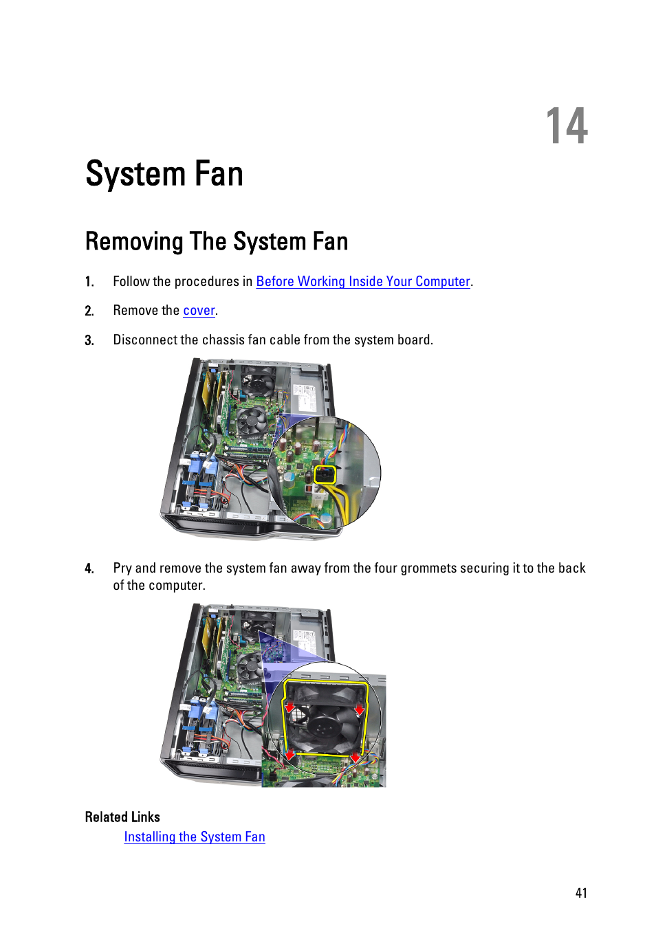 System fan, Removing the system fan, 14 system fan | Dell Precision T1600 (Early 2011) User Manual | Page 41 / 89
