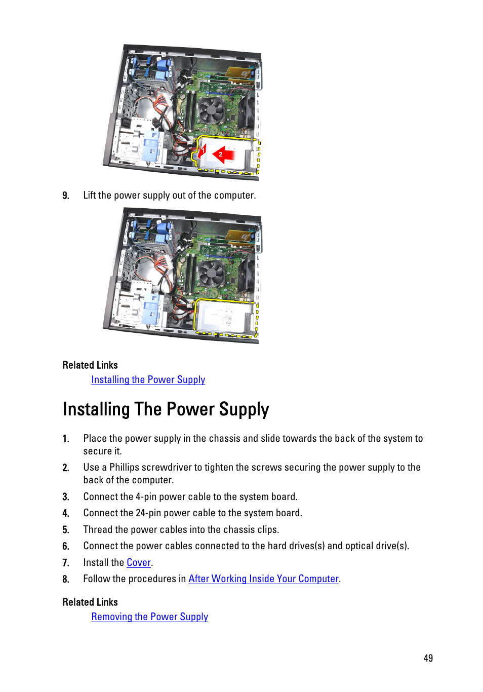 Installing the power supply | Dell Precision T1600 (Early 2011) User Manual | Page 49 / 89