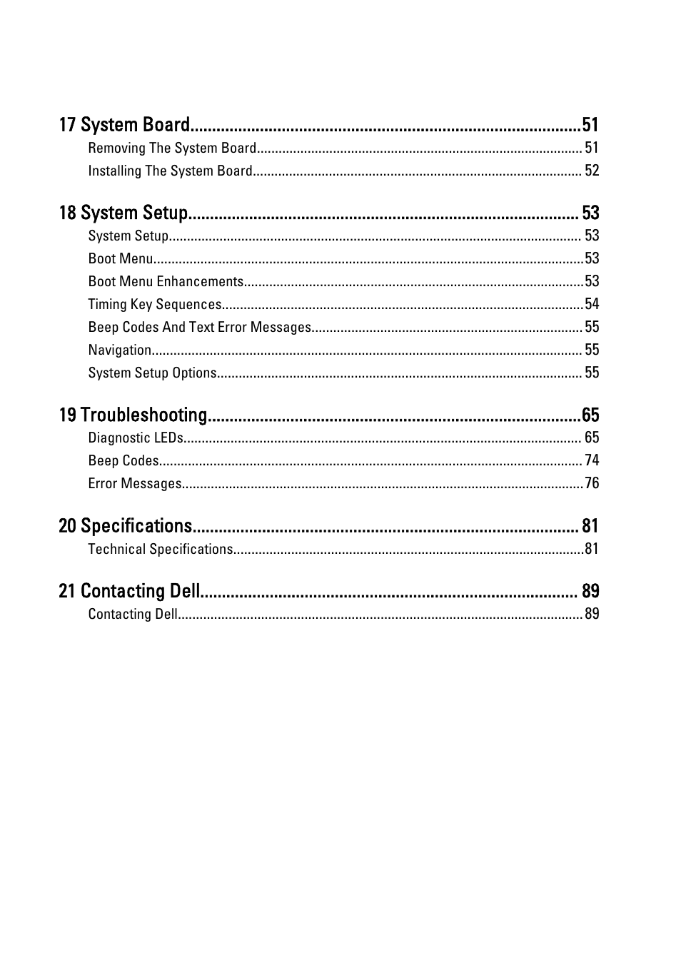 17 system board, 18 system setup, 19 troubleshooting | 20 specifications, 21 contacting dell | Dell Precision T1600 (Early 2011) User Manual | Page 5 / 89