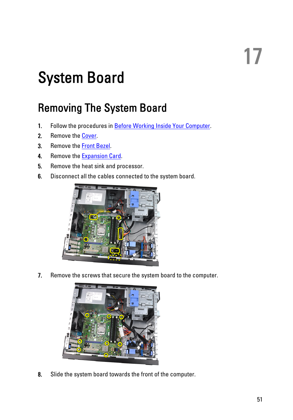 System board, Removing the system board, 17 system board | Dell Precision T1600 (Early 2011) User Manual | Page 51 / 89
