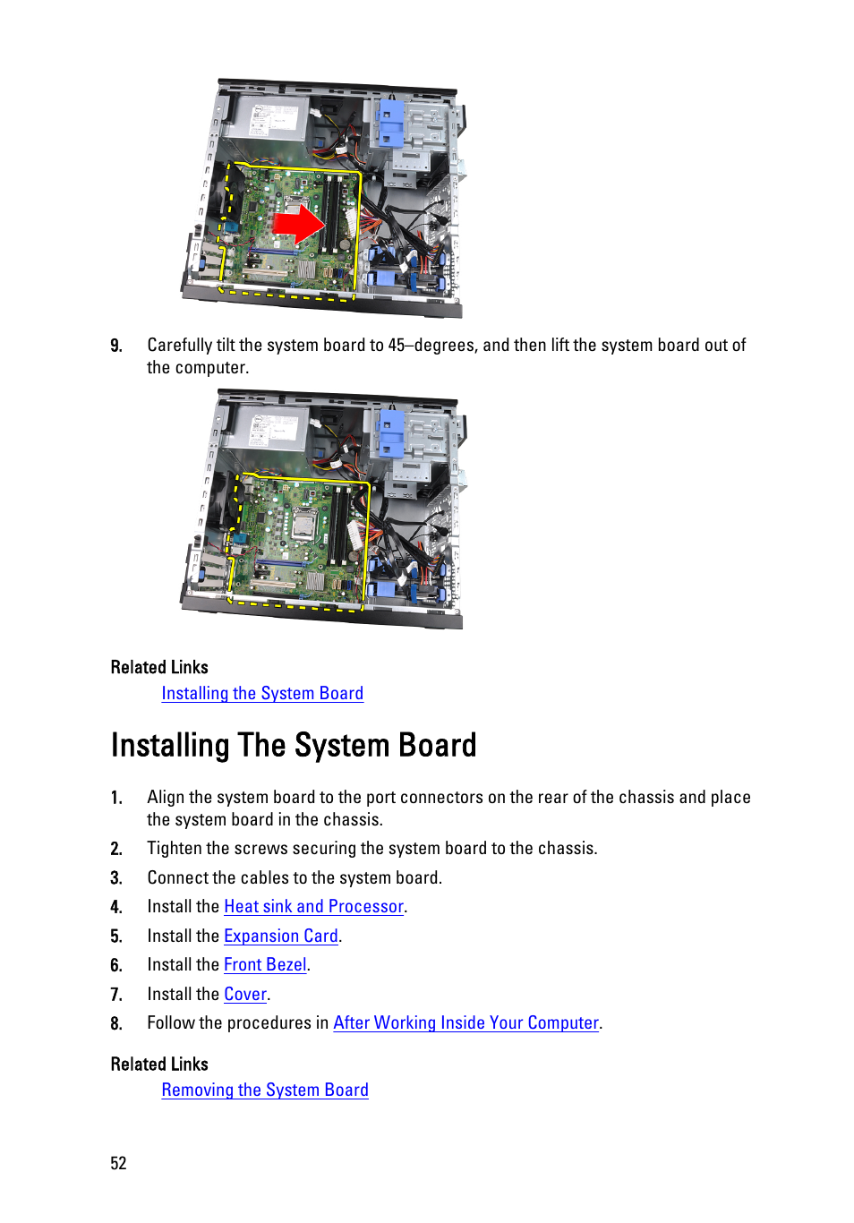 Installing the system board | Dell Precision T1600 (Early 2011) User Manual | Page 52 / 89