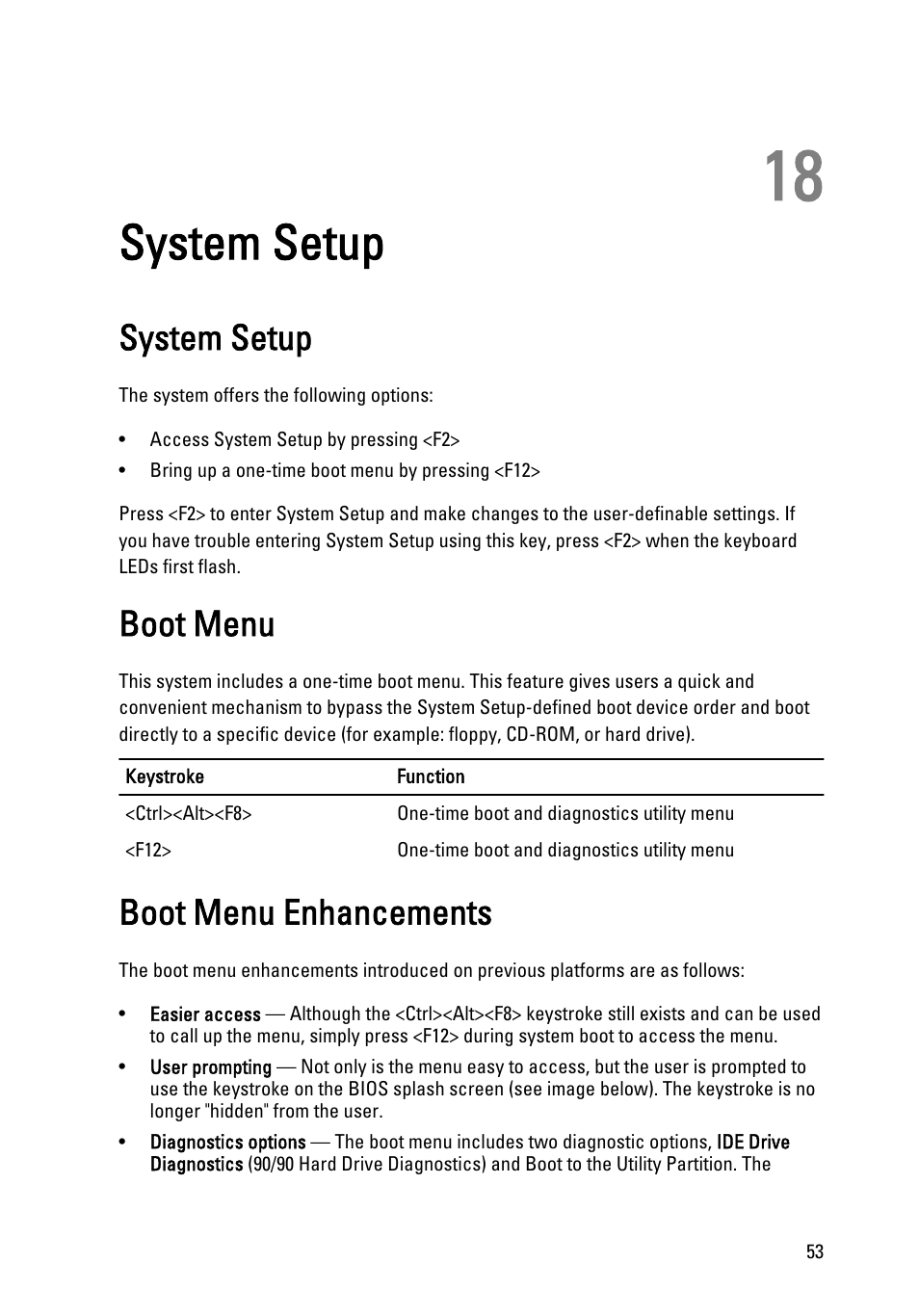 System setup, Boot menu, Boot menu enhancements | 18 system setup | Dell Precision T1600 (Early 2011) User Manual | Page 53 / 89