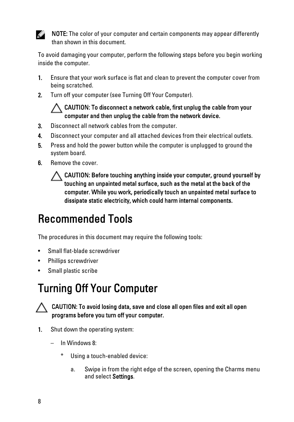 Recommended tools, Turning off your computer | Dell Precision T1600 (Early 2011) User Manual | Page 8 / 89