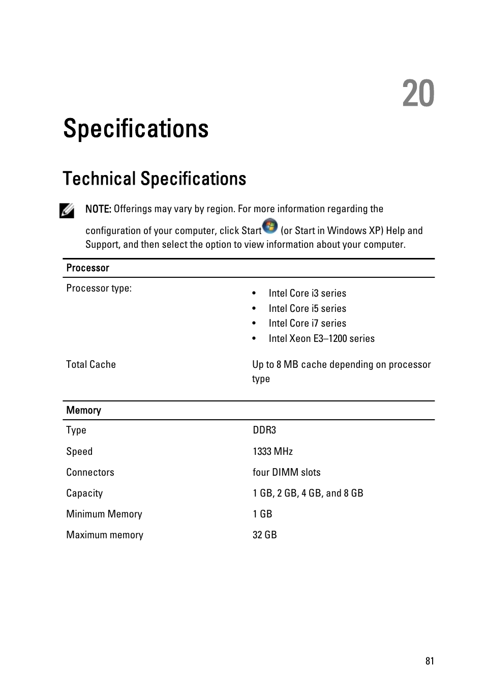 Specifications, Technical specifications, 20 specifications | Dell Precision T1600 (Early 2011) User Manual | Page 81 / 89