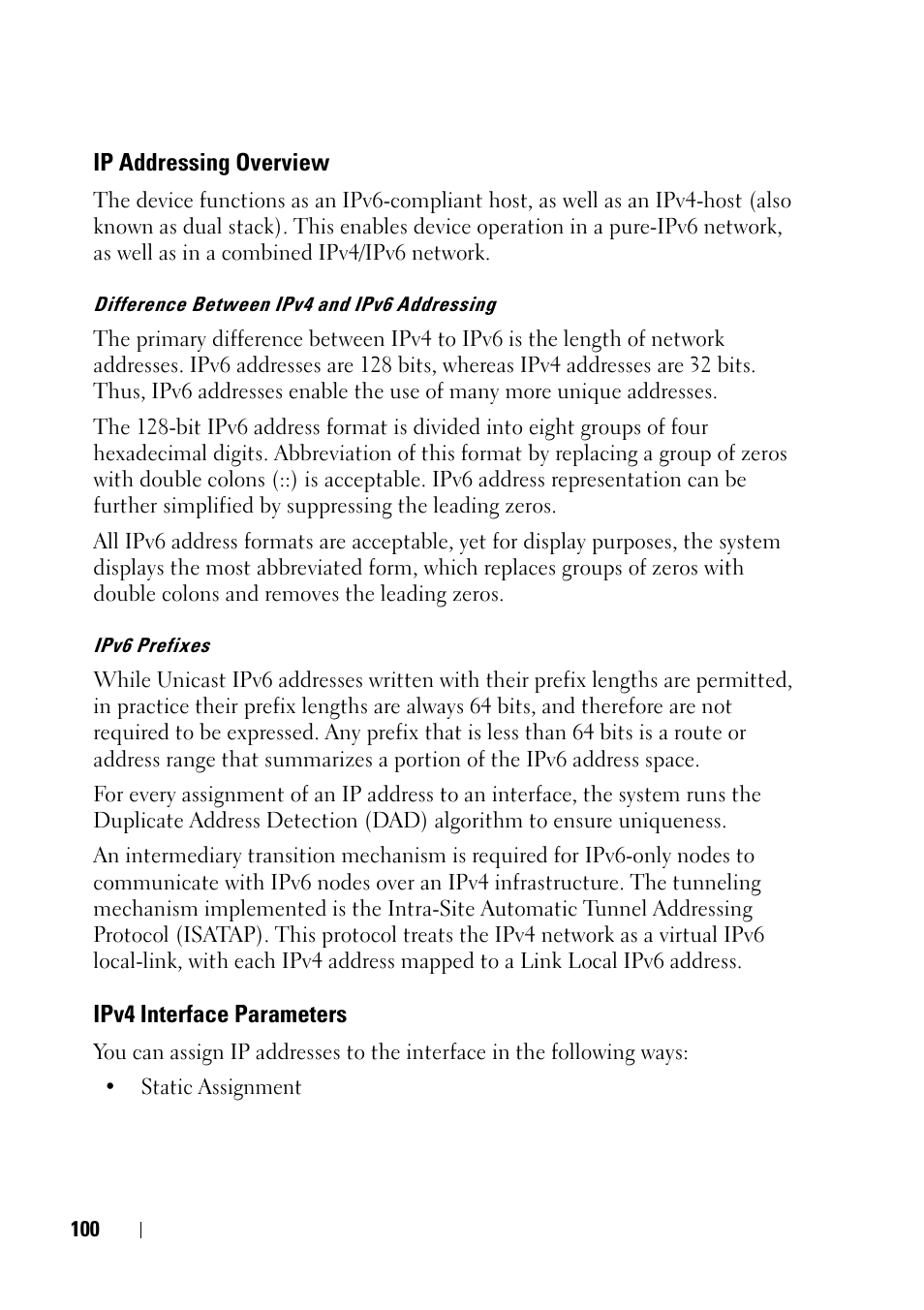 Ip addressing overview, Ipv4 interface parameters, Ipv4 interface parameters" on | Dell PowerEdge VRTX User Manual | Page 100 / 476