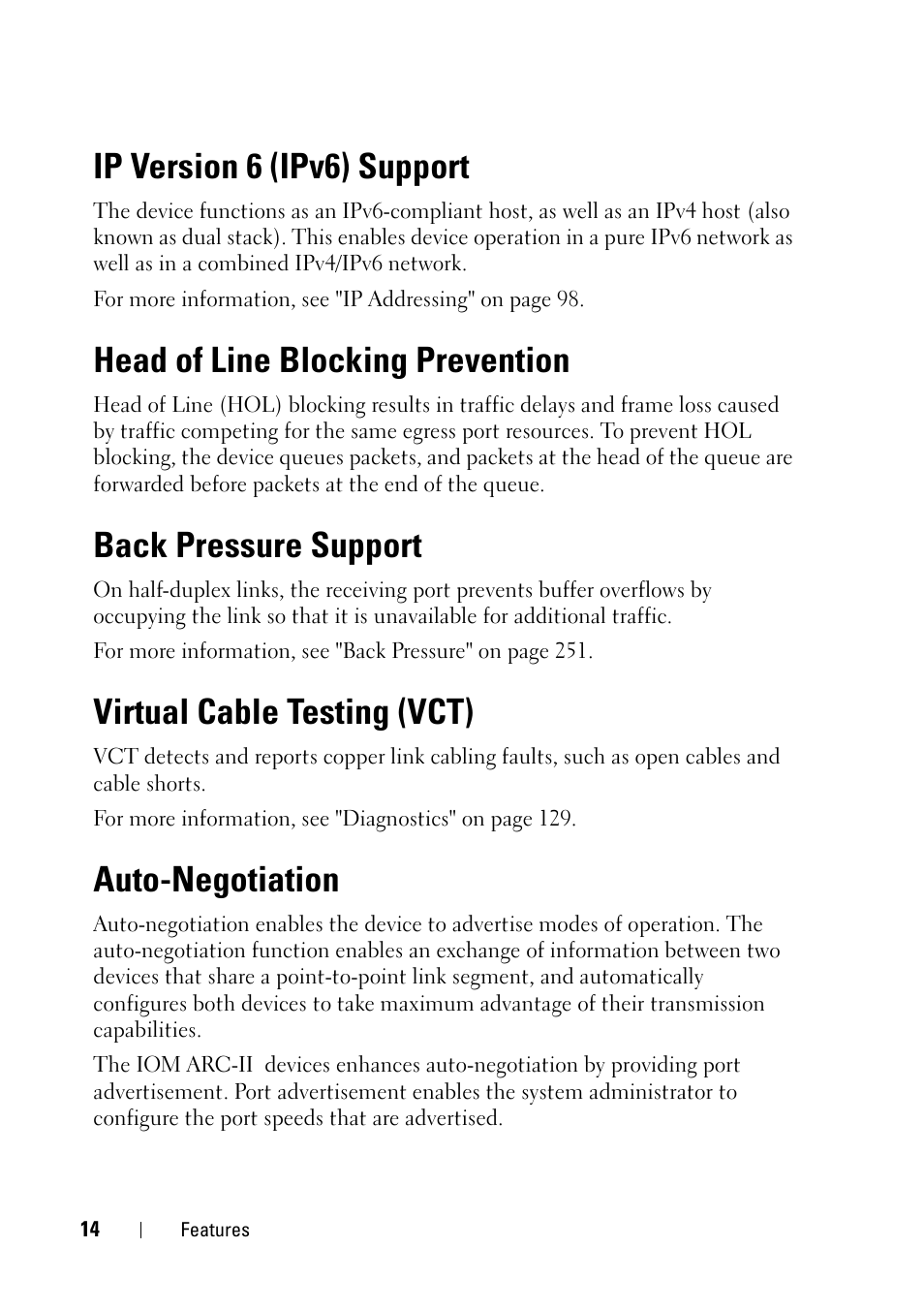 Ip version 6 (ipv6) support, Head of line blocking prevention, Back pressure support | Virtual cable testing (vct), Auto-negotiation | Dell PowerEdge VRTX User Manual | Page 14 / 476